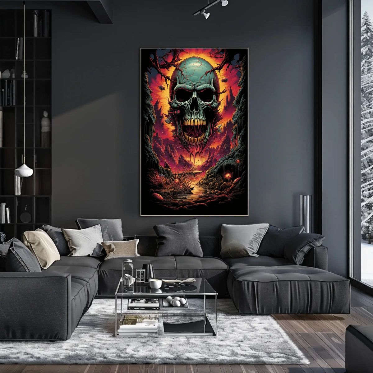 Eerie Skull Over Fiery Alien Landscape Poster