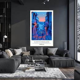 Chefchaouen Twilight: Dreamy Moroccan Urban Cityscape Poster