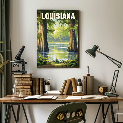Louisiana - Bayou and Swamp Landscape Vintage Travel Poster