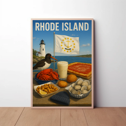 Rhode Island Clam Cakes Lighthouse Pizza Travel Poster