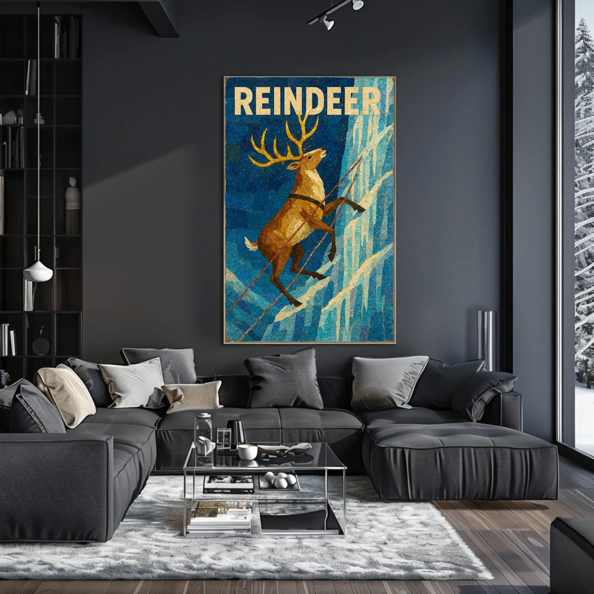 Reindeer Adventure on Icy Cliff Animal Poster