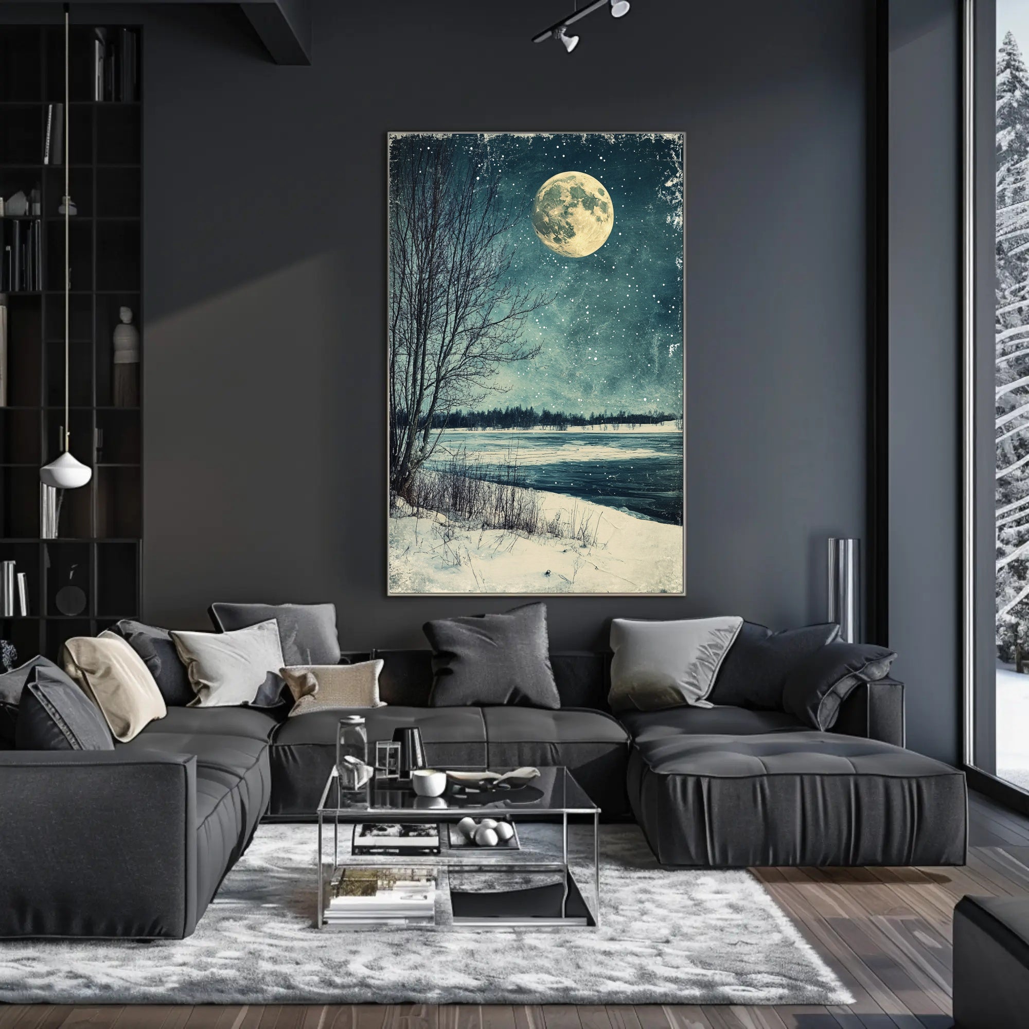 Serene Winter Moonlight Landscape Vintage Art Poster