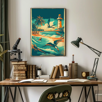 Tropical Coast Lighthouse Ocean Birds Vintage Travel Poster