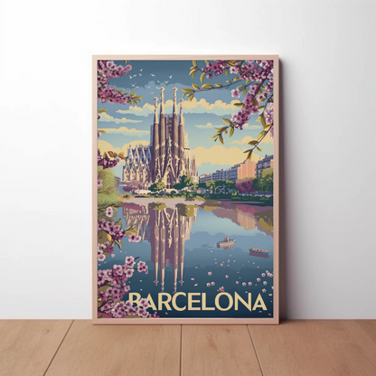 Barcelona Spain Blossoms and Cathedral Travel Poster