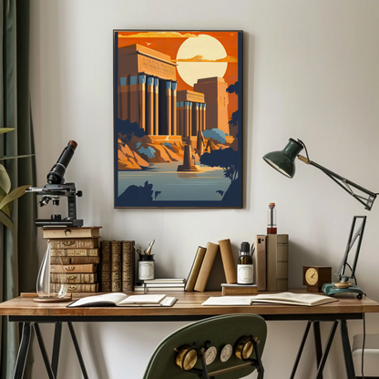 Egyptian Ruins Sunlit Columns River Vintage Travel Poster