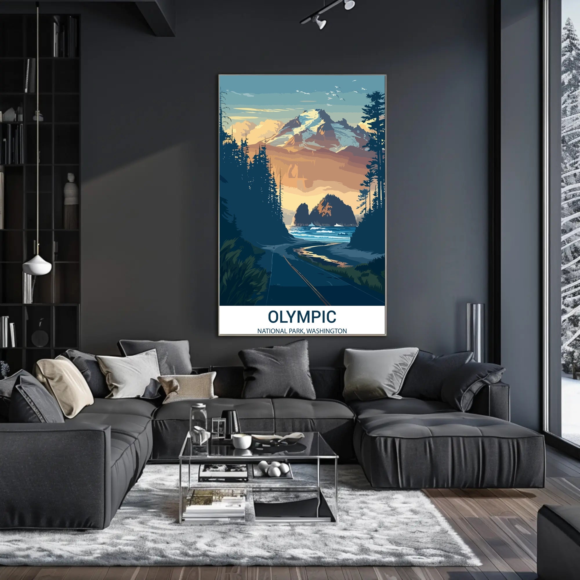 Olympic National Park travel poster with vintage-modern blend