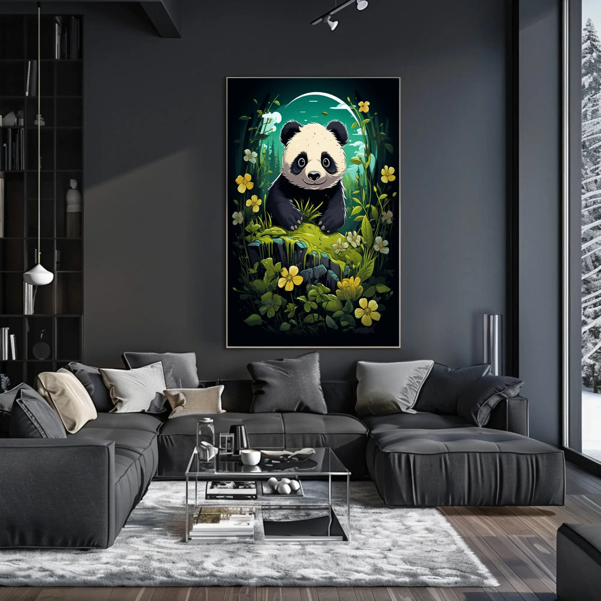 Panda in Whimsical Forest Cartoon Art Poster