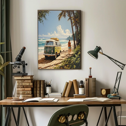 Vintage VW Van Surfer Road Trip Beach Vintage Travel Poster