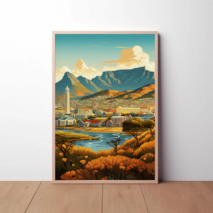 Cape Town Golden Hillside River Valley Mountains Travel Poster