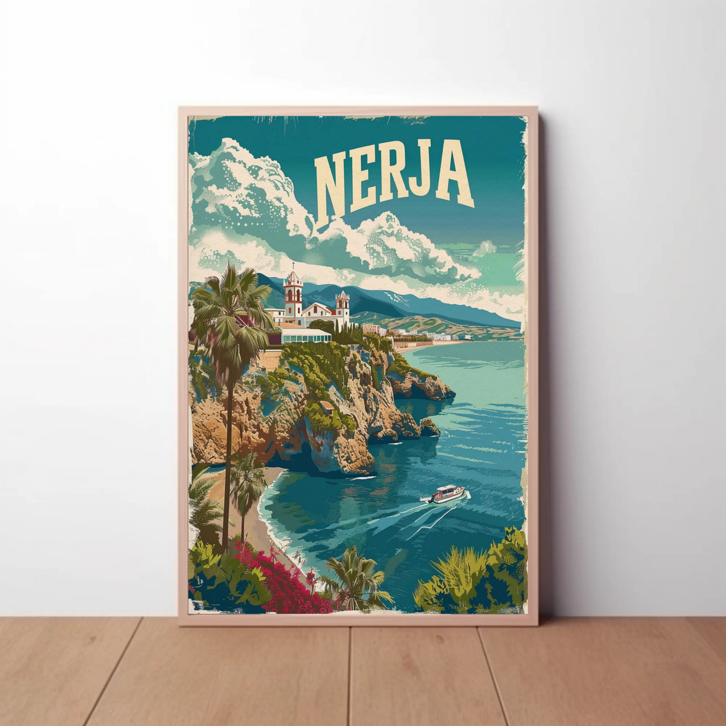 Nerja Cliffside Church and Coast Travel Poster