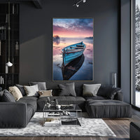 Solitary Wooden Boat on Serene Lake - Artistic Poster