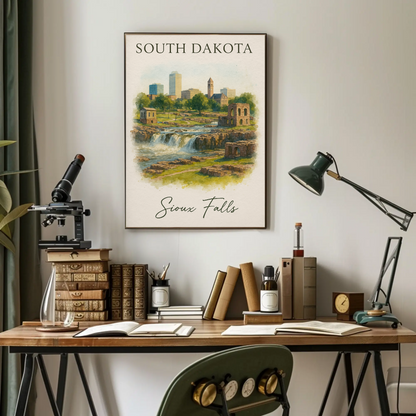 Sioux Falls South Dakota City Waterfall Vintage Travel Poster