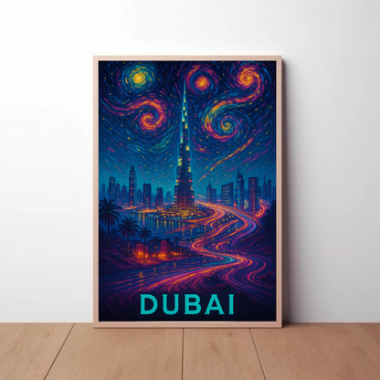 Dubai Burj Khalifa Starry Neon Skyline Night Travel Poster