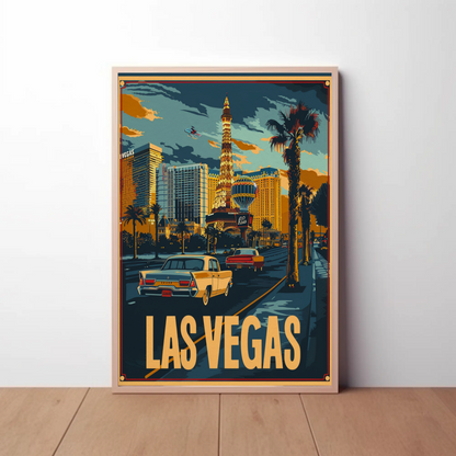 Las Vegas Neon Strip Vintage Cars Skyline Travel Poster
