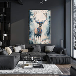 Deer With Antlers Adorned In Blue And Red Garland Poster