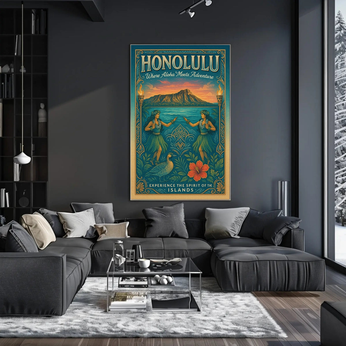 Hawaiian Vintage Art Poster Hula Dancers & Sunset