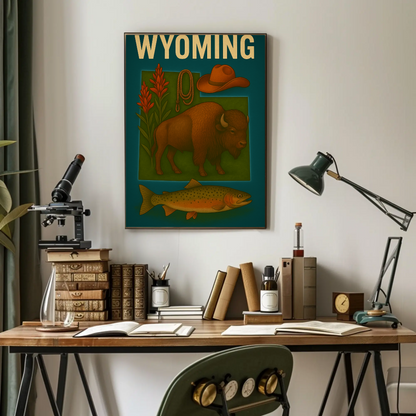 Wyoming Bison Fish Rope Hat Nature Vintage Travel Poster
