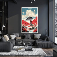 Japanese Tranquility Travel Poster with Pagoda and Mount Fuji
