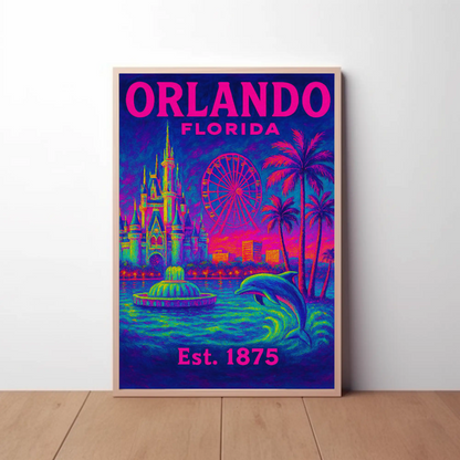 Orlando Florida Castle Ferris Dolphin Neon Travel Poster