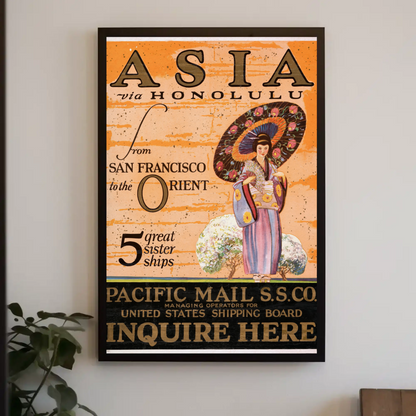 Asia via Honolulu - Pacific Mail Poster