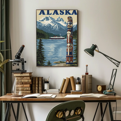 Alaska Vintage Poster - Totem and Mountains