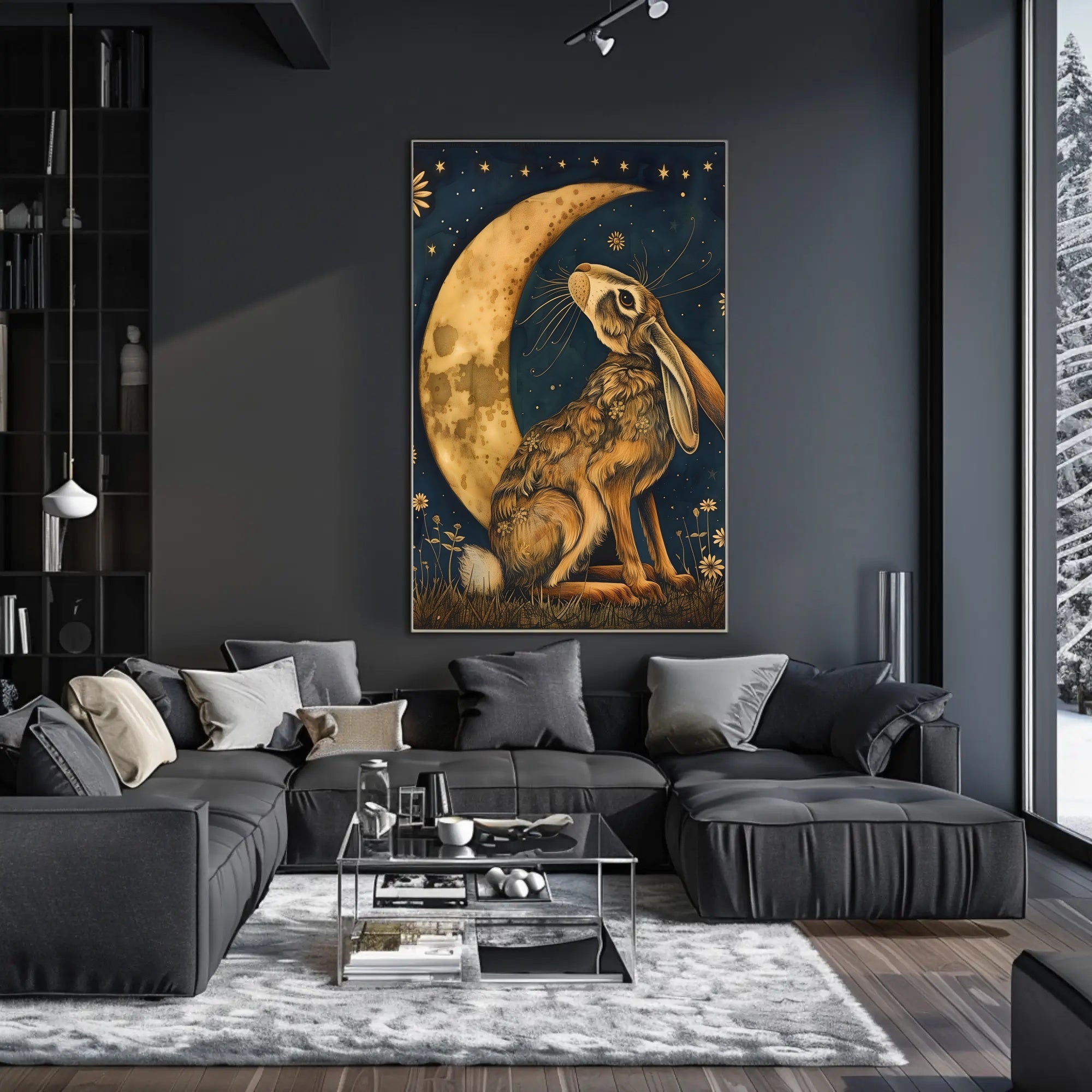 Moonlit Hare Fantasy: Whimsical Animal Nighttime Poster