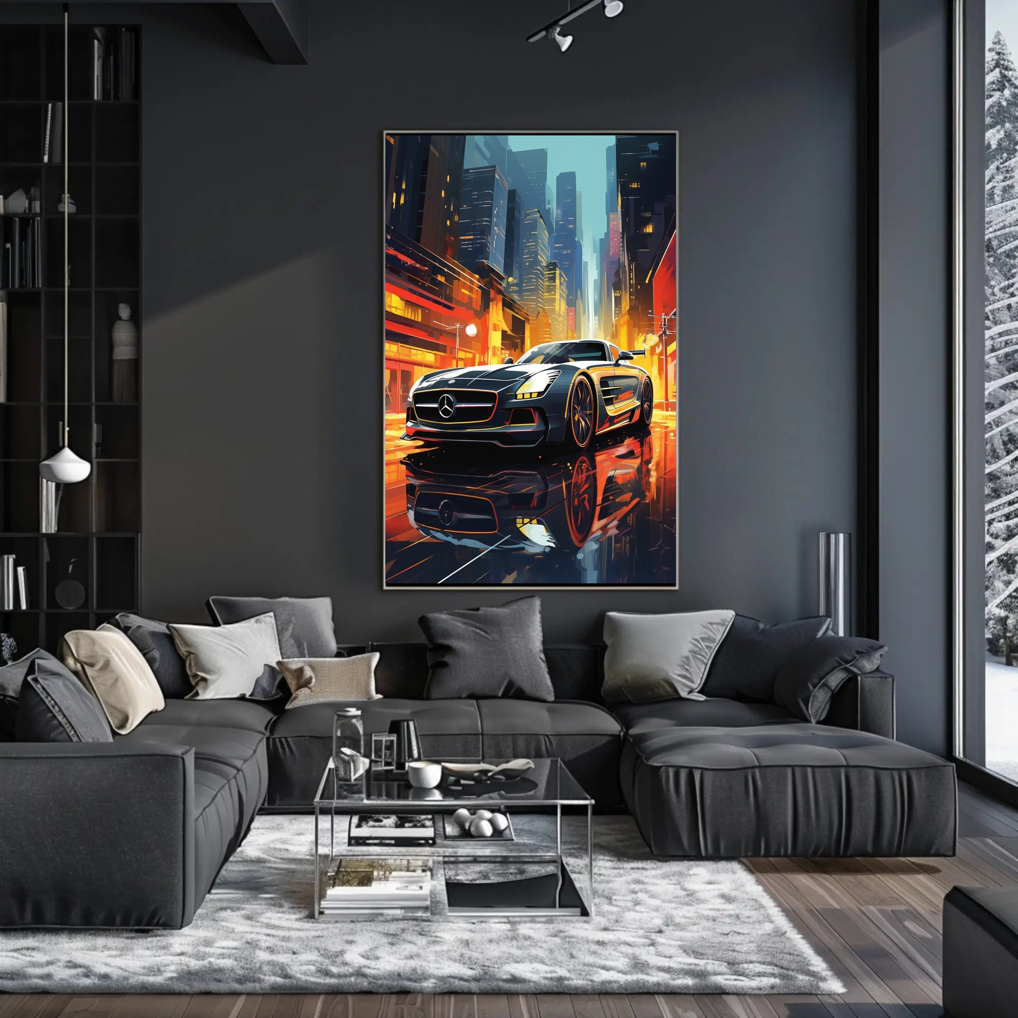 Futuristic Sports Car in Vibrant Cityscape - Futuristic Sci-Fi Poster