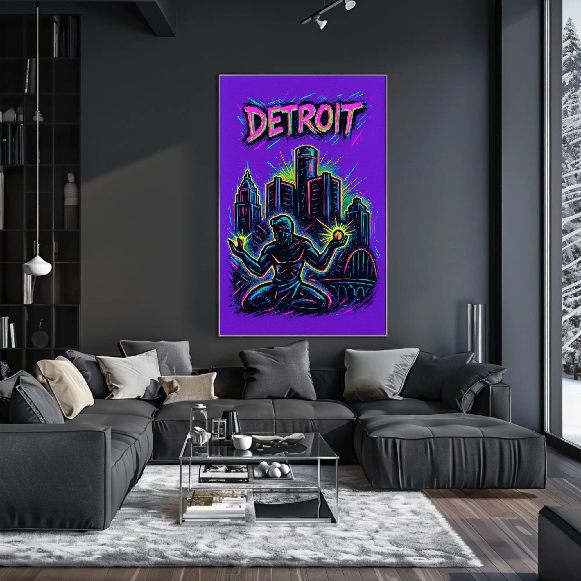 Dynamic Neon Detroit Art: Urban or Cityscape Poster