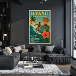 Hawaii Adventure Vintage Travel Poster: Surfing & Volcano