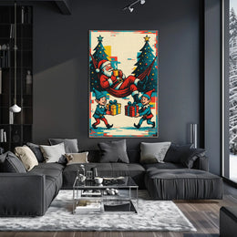 Festive Santa and Elves Vintage Christmas Poster