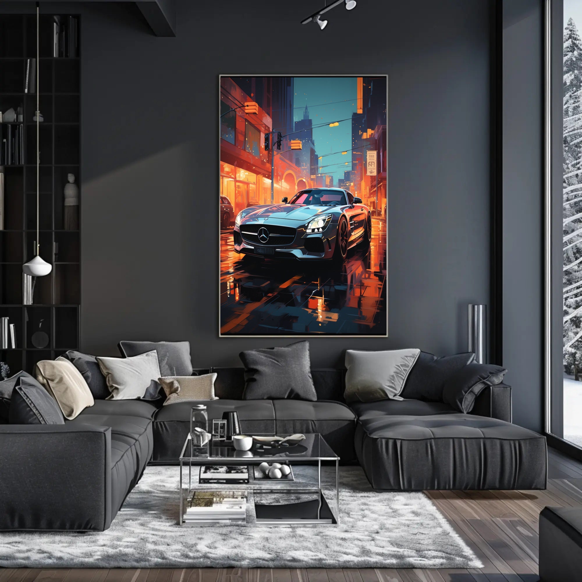 Sleek Urban Sports Car on Vibrant City Street Poster