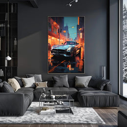 Sleek Urban Sports Car on Vibrant City Street Poster