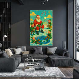 Festive Santa and Elves Vintage Christmas Artistic Poster