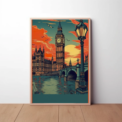 Big Ben London Sunset River Bridge Travel Poster