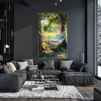 Relaxing Outdoor Hammock Between Trees With Books Poster