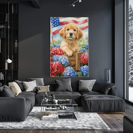 Beautiful Golden Retriever Puppy In A Wooden Wagon Poster