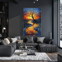 Vibrant Mosaic Sunset Landscape Artistic Poster