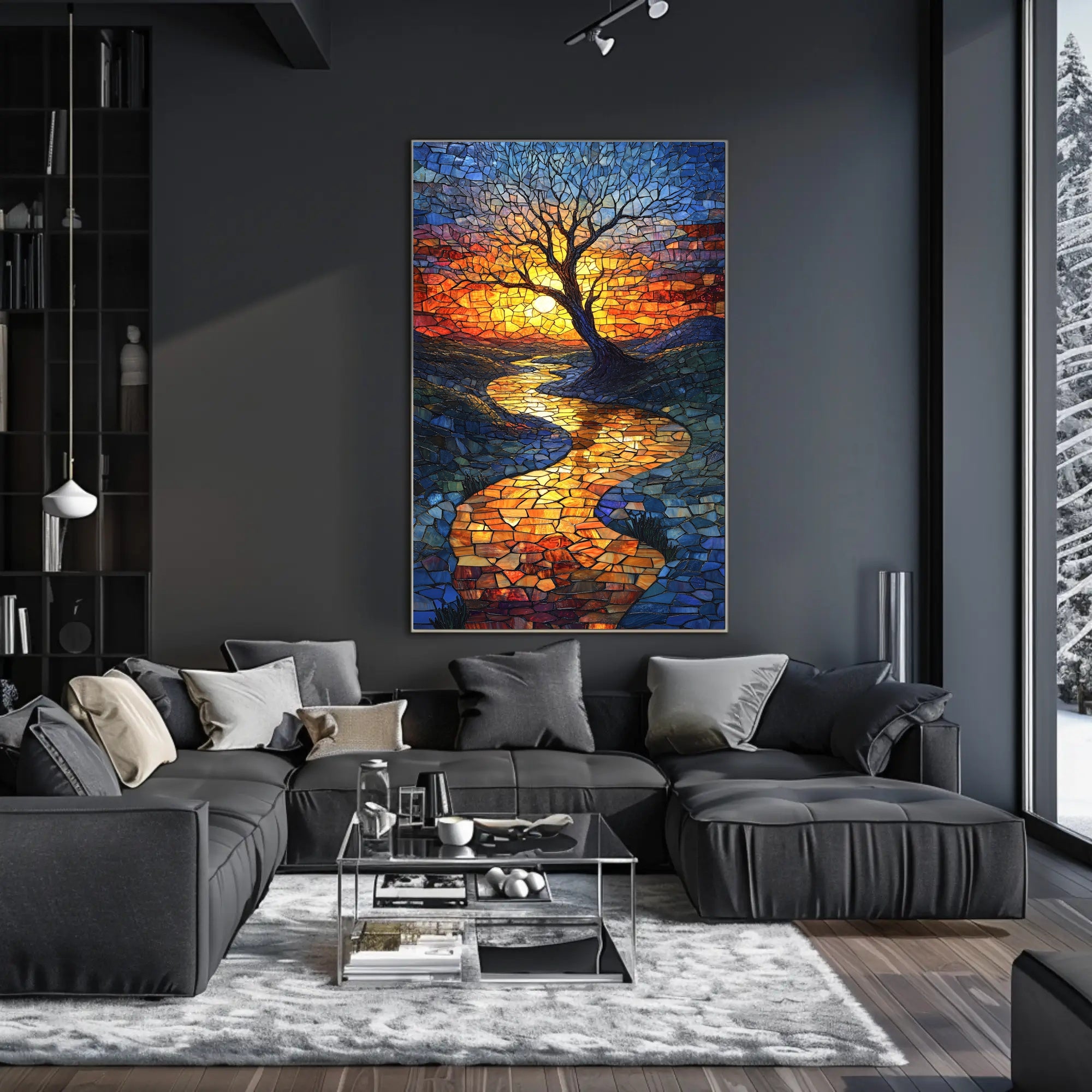 Vibrant Mosaic Sunset Landscape Artistic Poster