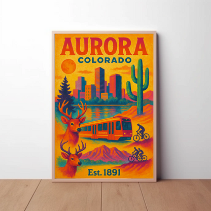 Aurora Colorado Mountains City Train Wildlife Cactus Travel Poster