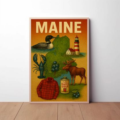 Maine State Symbols Moose Maple Lighthouse Poster
