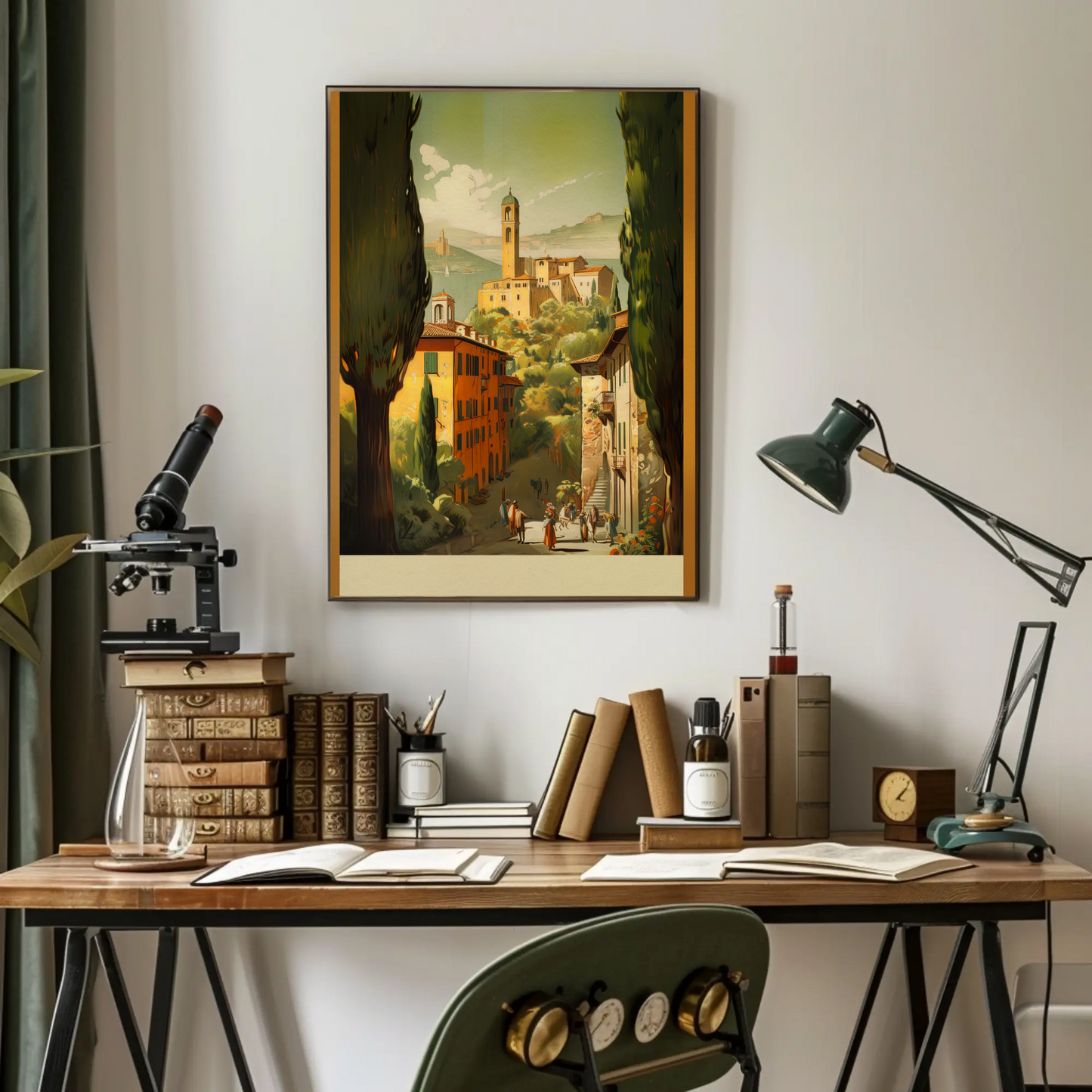 Italy Countryside Village Tower Hillside Vintage Travel Poster