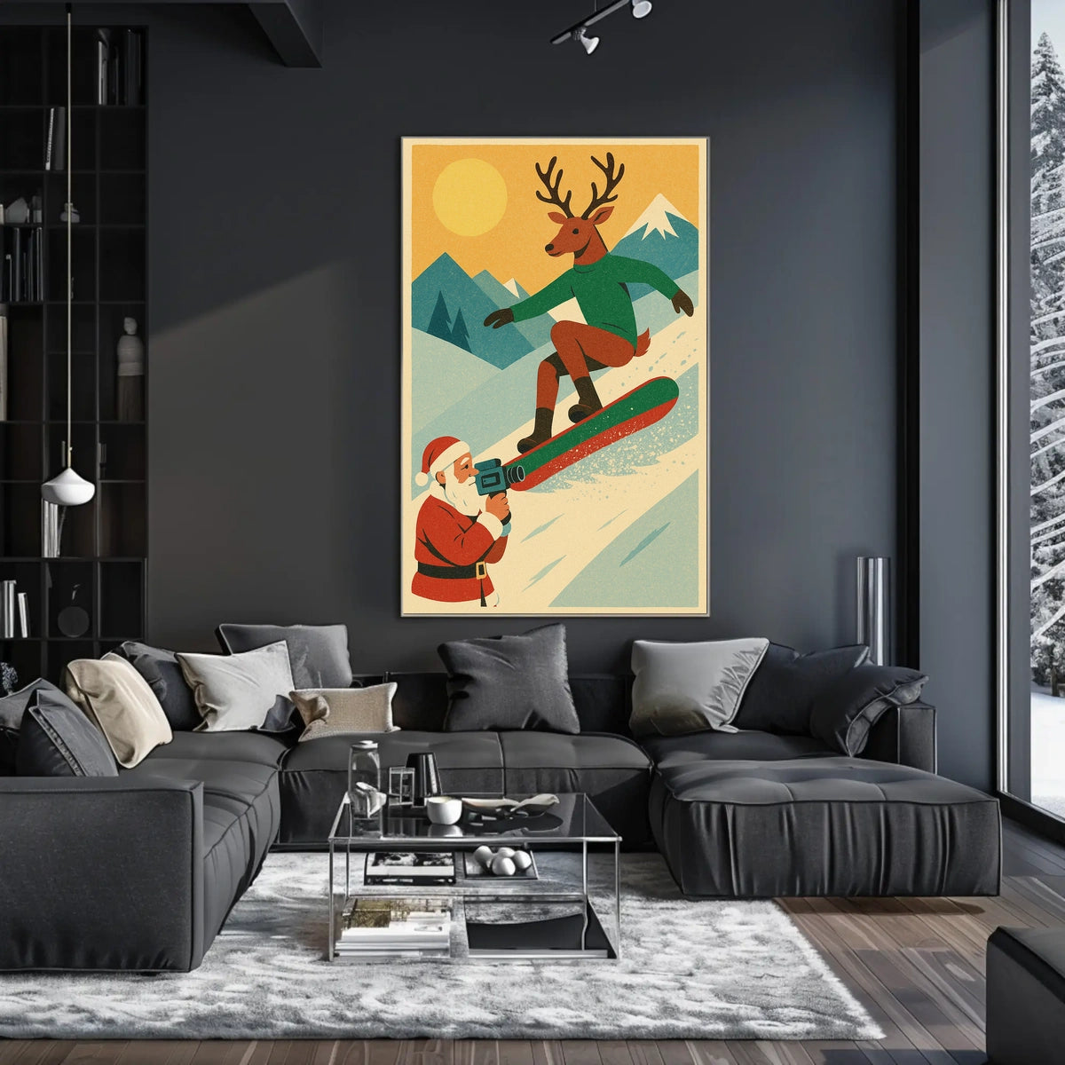 Reindeer Snowboarding Vintage Winter Adventure Poster