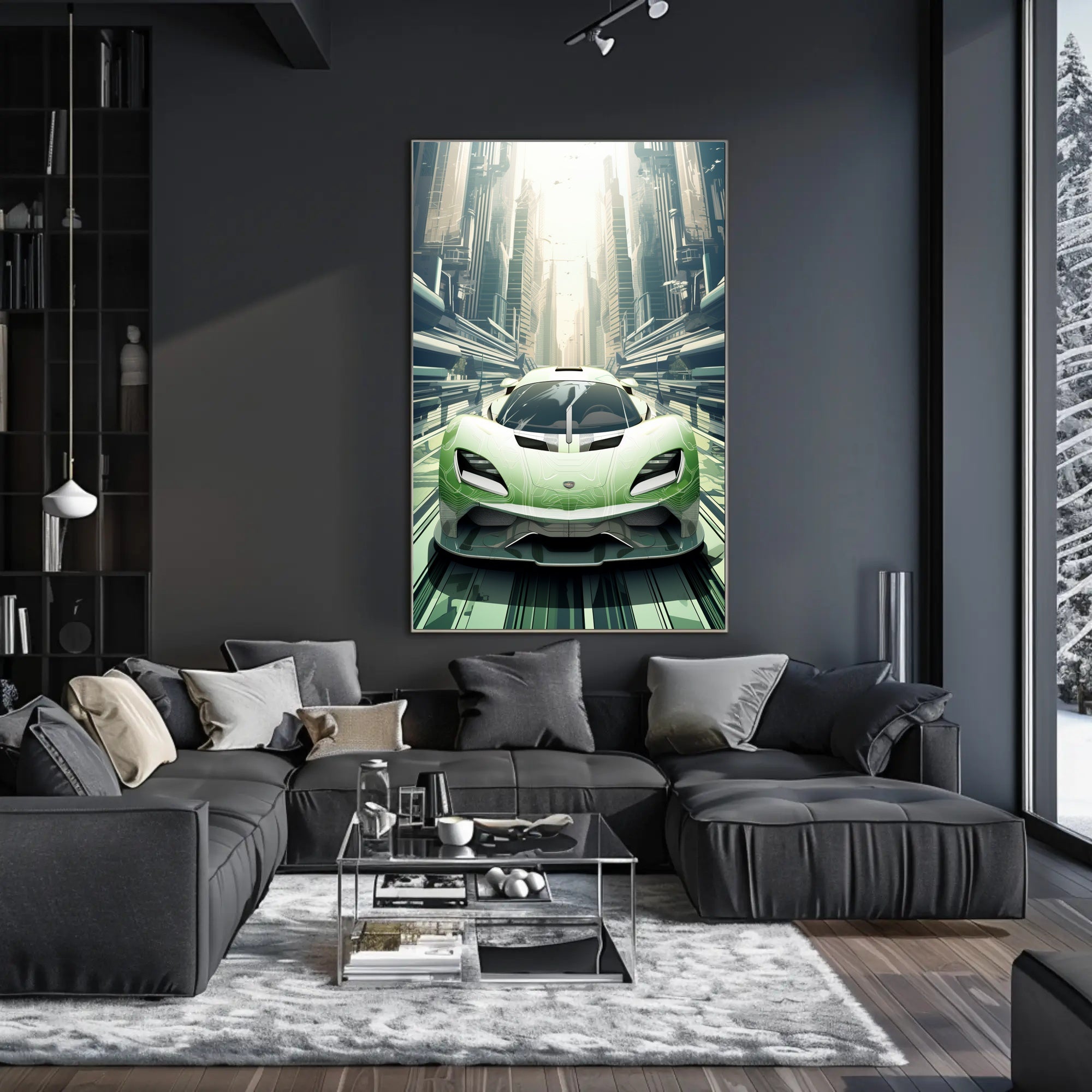 Futuristic Supercar in a Modern Cityscape Poster PosterGoat