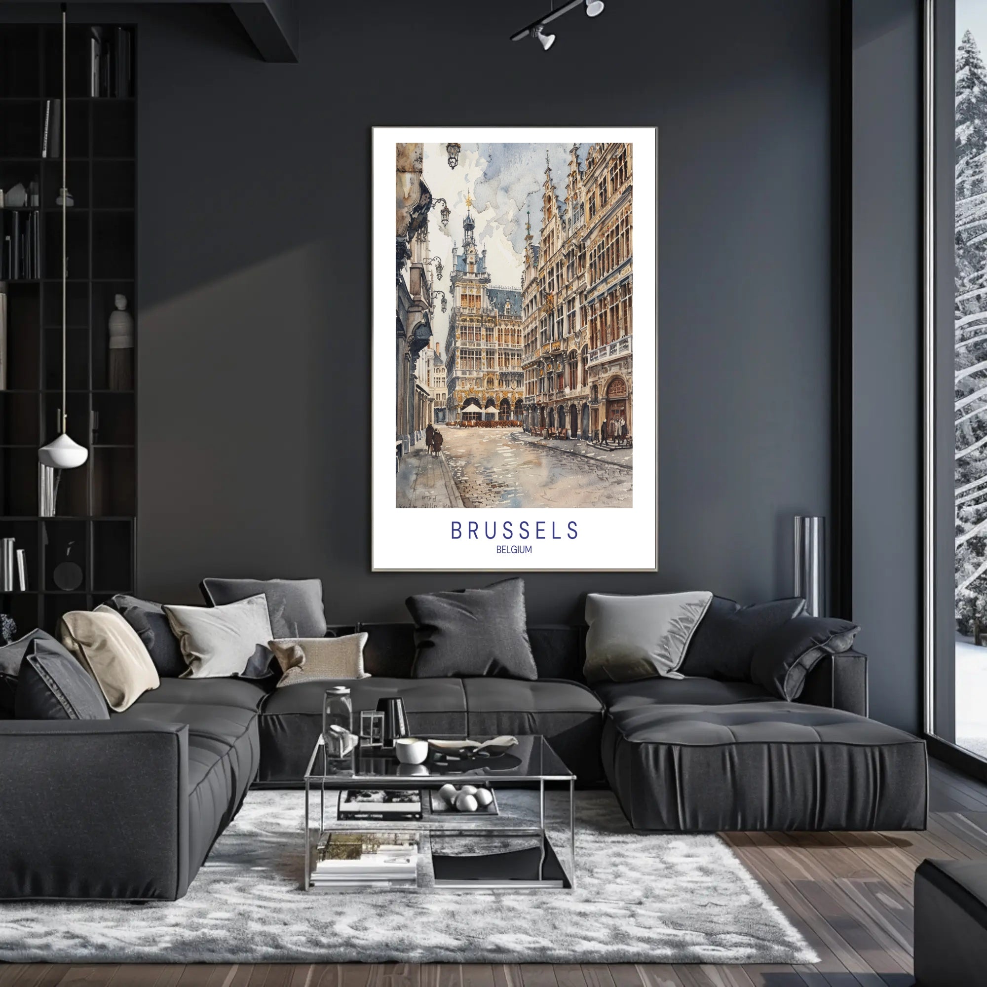 Charming Brussels Street Scene, Watercolor Urban or Cityscape Poster PosterGoat