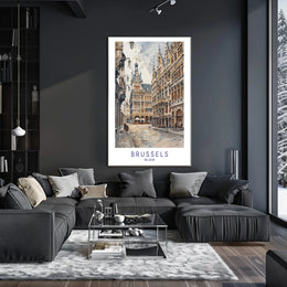 Charming Brussels Street Scene, Watercolor Urban or Cityscape Poster PosterGoat