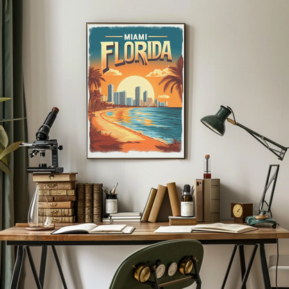 Miami Florida - Beach Sunset Vintage Travel Poster