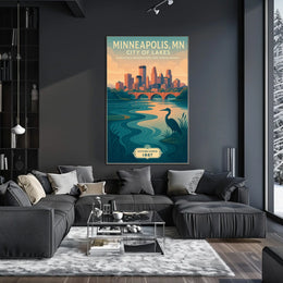 The poster depicts a serene and picturesque representation of Minneapolis, Minnesota, known as Travel Poster
