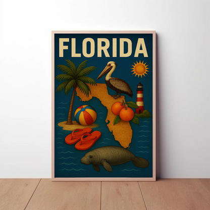 Florida State Symbols Pelican Map Lighthouse Travel Poster