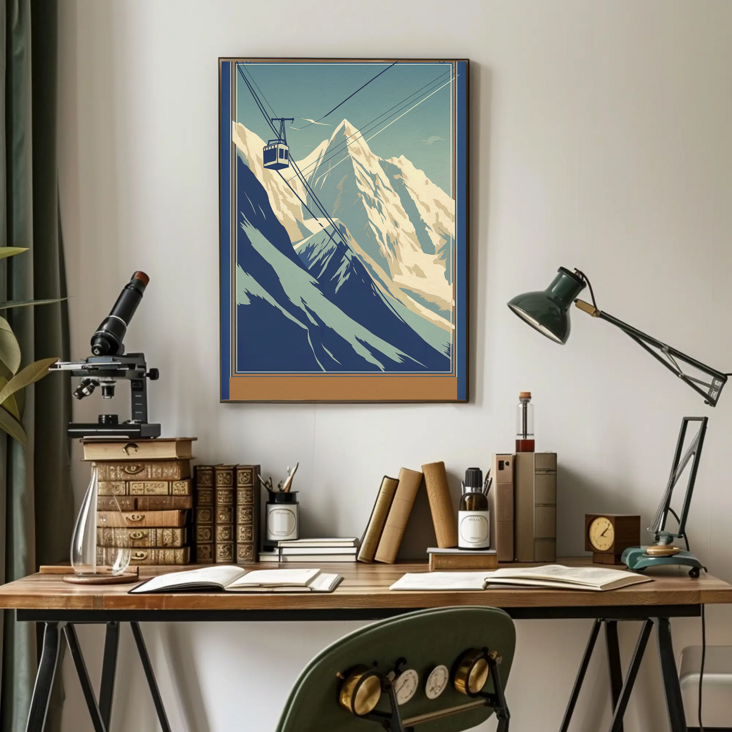 Retro Tram Over Snowy Mountainside Vintage Travel Poster
