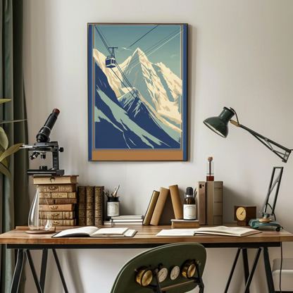 Retro Tram Over Snowy Mountainside Vintage Travel Poster